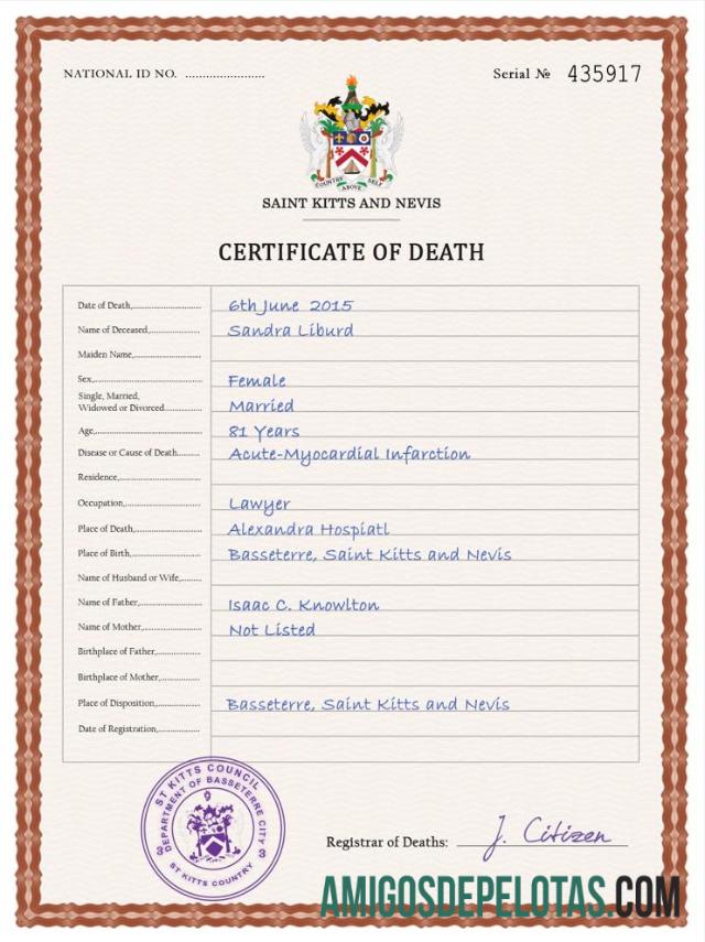 Em branco modelo PSD de certidão de óbito de São Cristóvão e Nevis